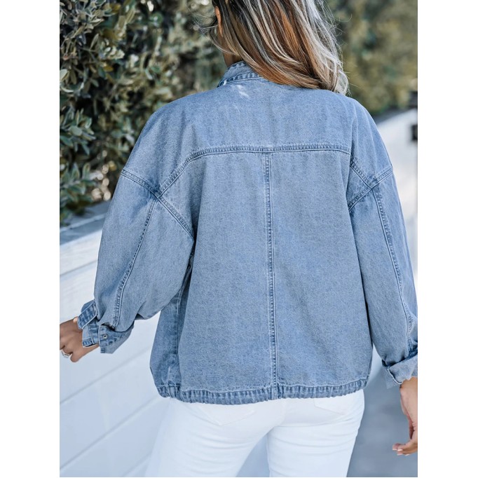 Casual solid color drawstring denim jacket