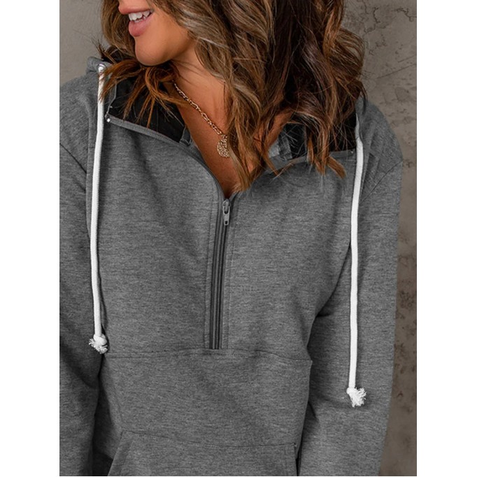 Casual solid color drawstring zipper sweatshirt
