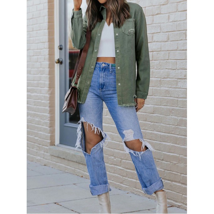Casual solid color long sleeve denim jacket