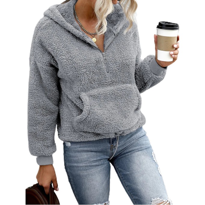 Casual zipper sherpa solid color hoodie