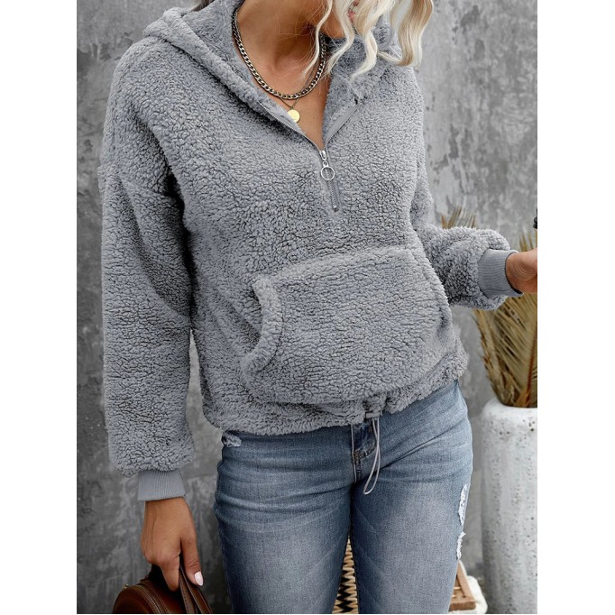 Casual zipper sherpa solid color hoodie