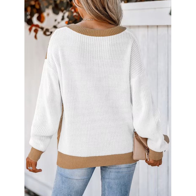 Check color block cable knit sweater