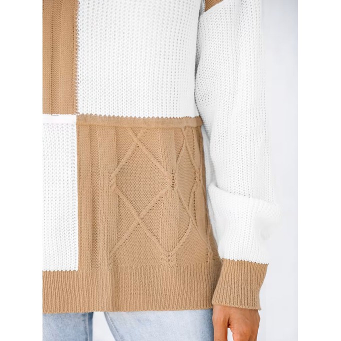 Check color block cable knit sweater