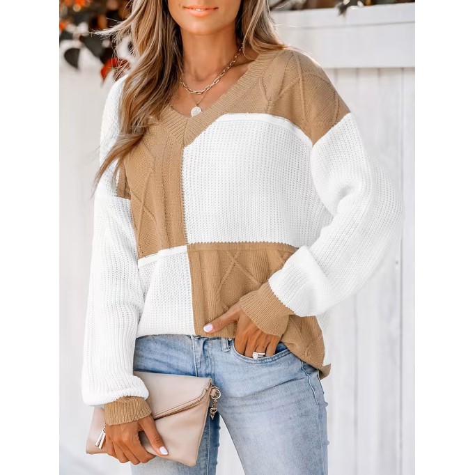 Check color block cable knit sweater