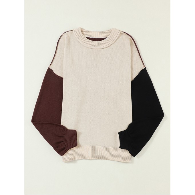Coffee Colorblock Bishop Sleeve Ribbed Trim Sweater
