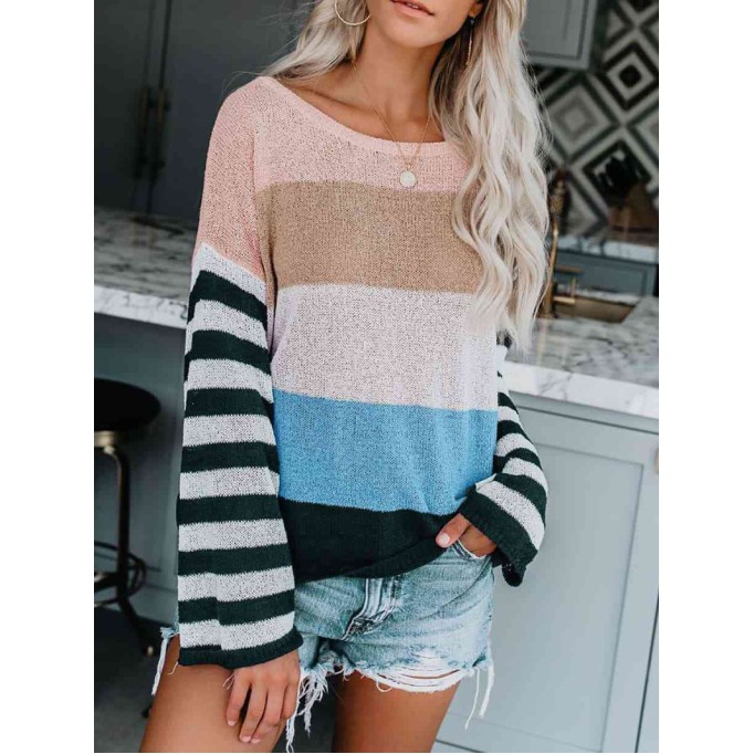 Color Block Boat Neck Dropped Shoulder Sweater