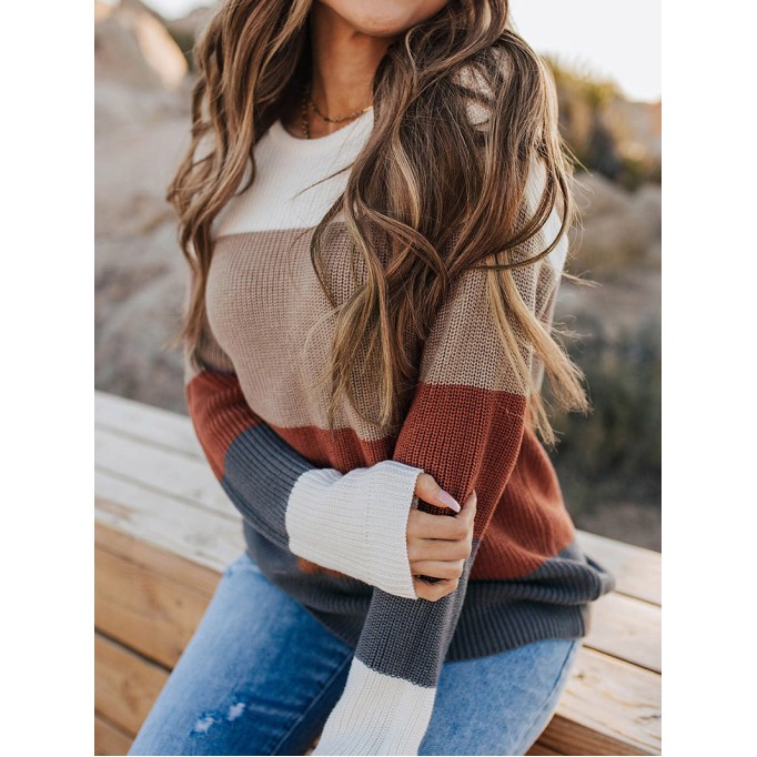 Color Block Knitted O-neck Pullover Sweater