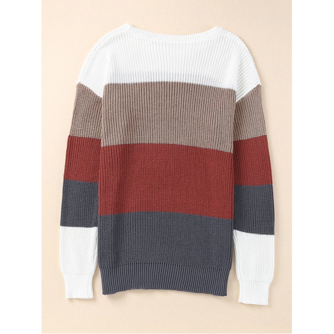 Color Block Knitted O-neck Pullover Sweater