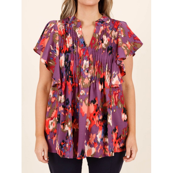 Contrast pattern ruffled short sleeved shirt