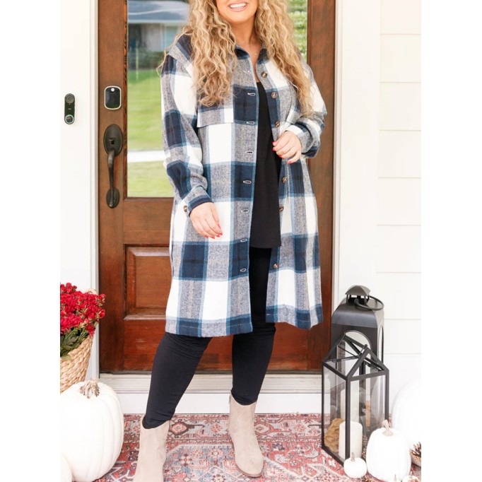 Contrast plaid button mid length jacket