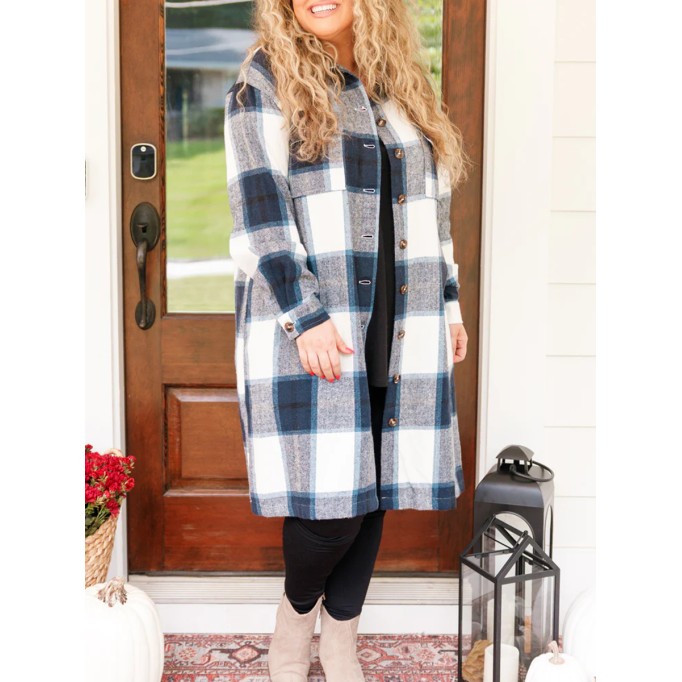 Contrast plaid button mid length jacket