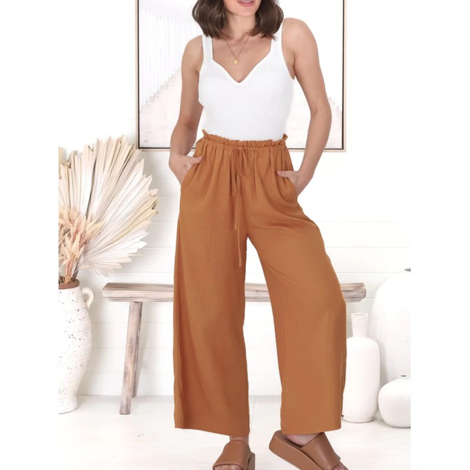 Cotton and linen high-waisted trousers