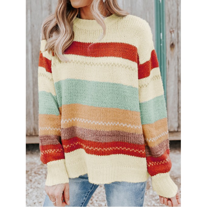 Crew Neck Drop-shoulder Striped Color Block Sweater