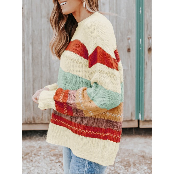 Crew Neck Drop-shoulder Striped Color Block Sweater