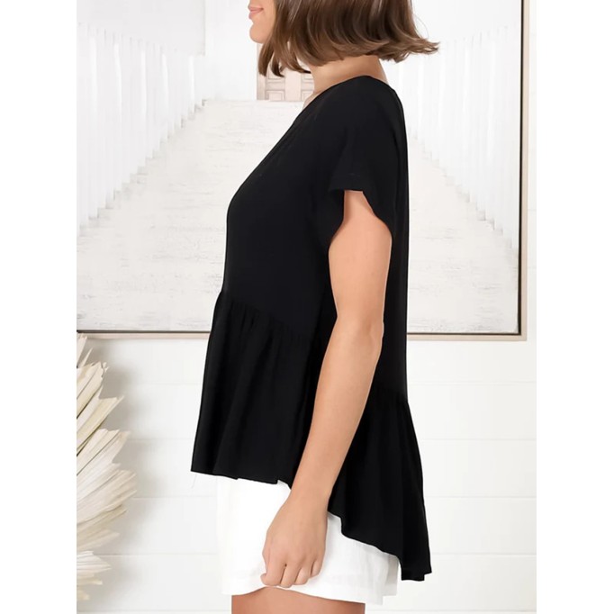 Crew neck short sleeve Bohemian cotton blouse