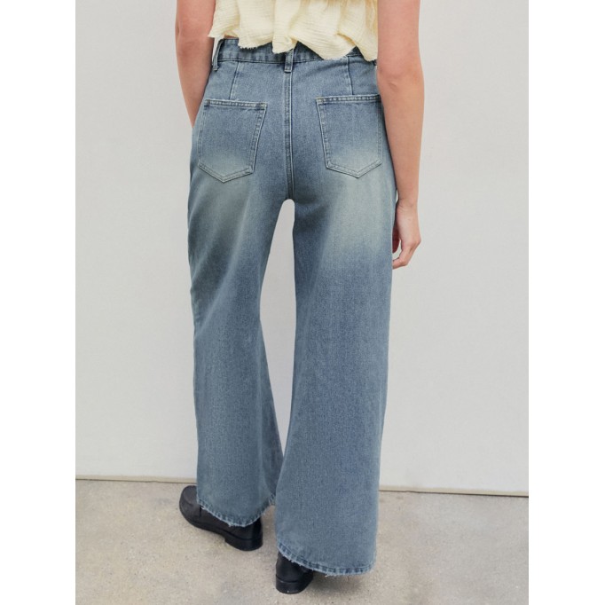 Denim Pleated Straight Leg Jeans