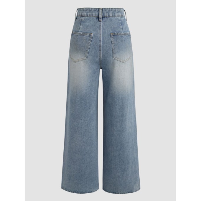 Denim Pleated Straight Leg Jeans