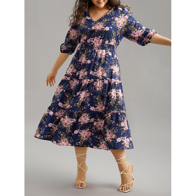 Elegant senior waist V-neck floral dress