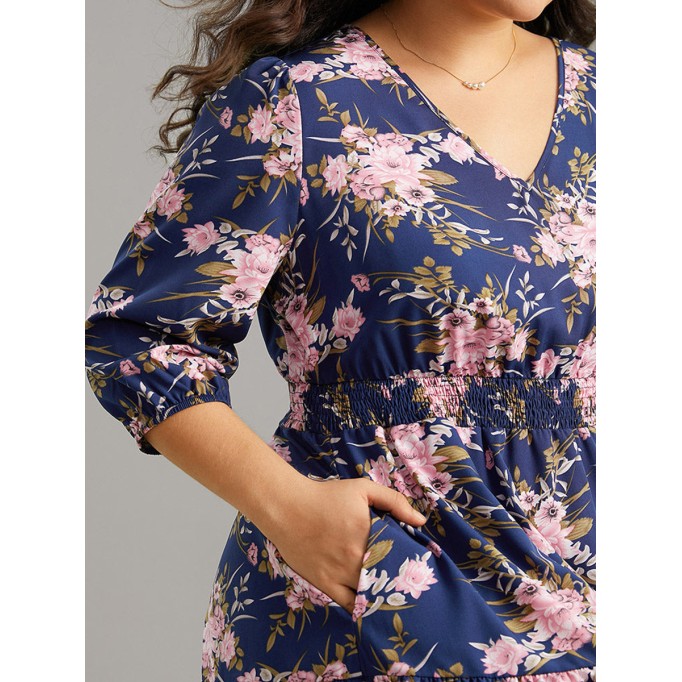 Elegant senior waist V-neck floral dress