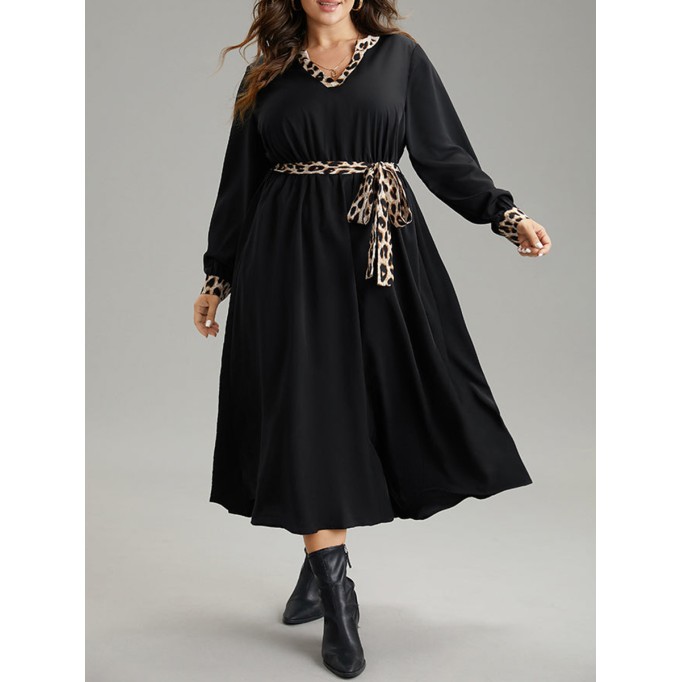 Elegant senior waist waist leopard belt dress MIDI