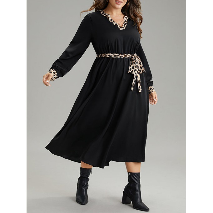 Elegant senior waist waist leopard belt dress MIDI