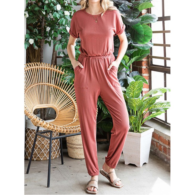 Fashionable solid color round neck casual jumpsuit