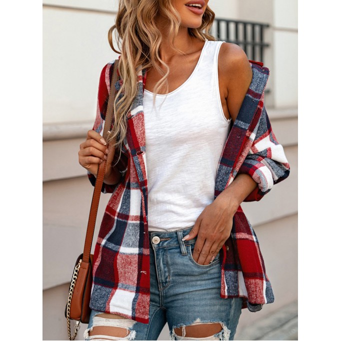 Fiery Red Hooded Plaid Button Front Shacket