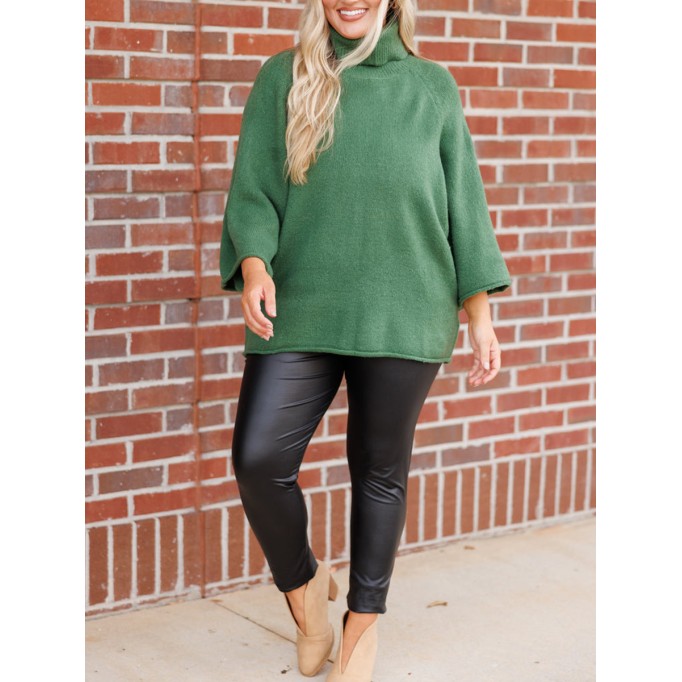Flare sleeved high neck loose knit sweater
