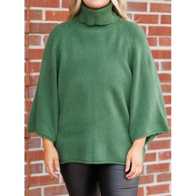 Flare sleeved high neck loose knit sweater