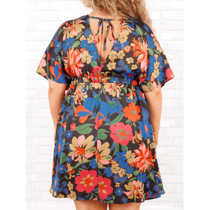 Floral Pattern Back Lace Up Waist Dress