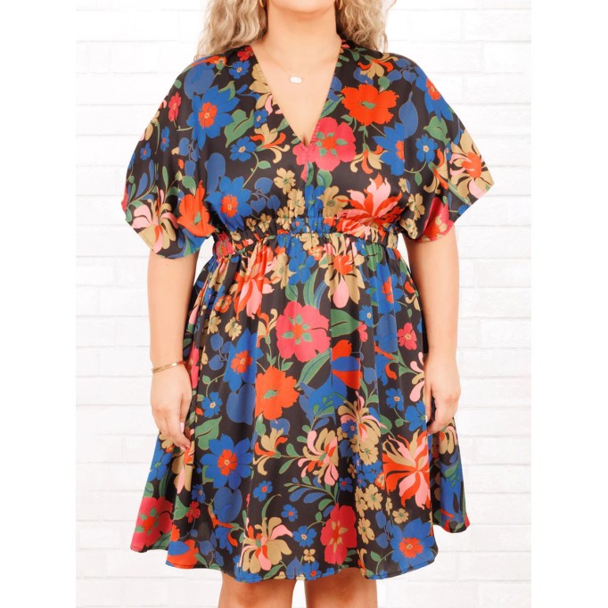Floral Pattern Back Lace Up Waist Dress