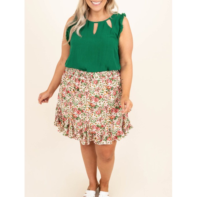 Floral Pattern Wooden Ear Edge Half Skirt