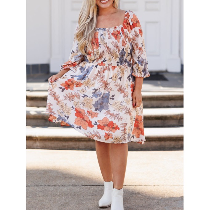 Floral patterned square neck pleated loose fitting dress