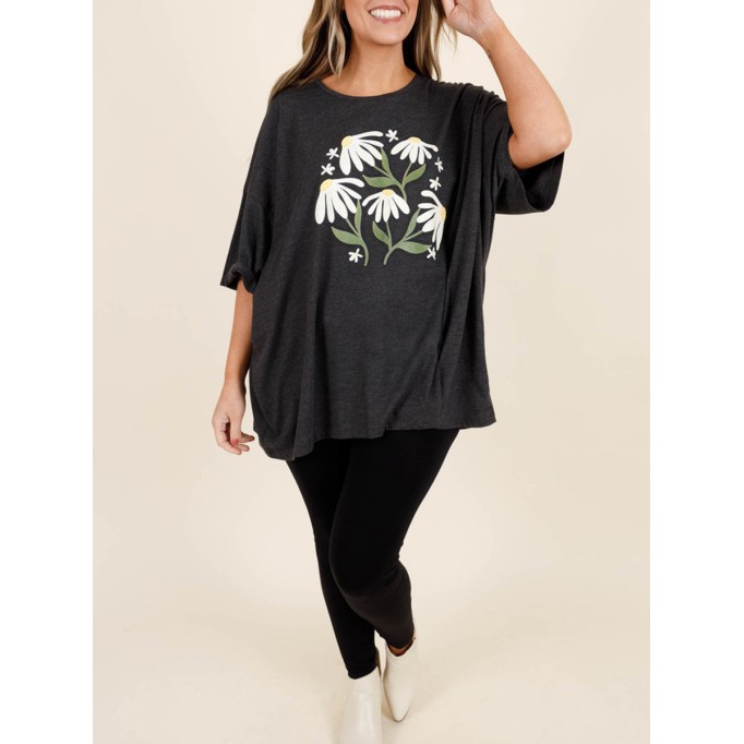 Flower and plant printed short sleeved T-shirt
