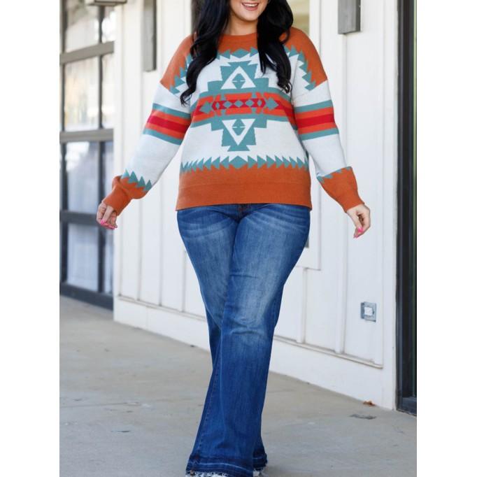 Geometric Contrast Pattern Loose Sweater
