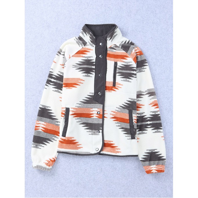 Gray Western Aztec Snap Buttoned Fleece Jacket