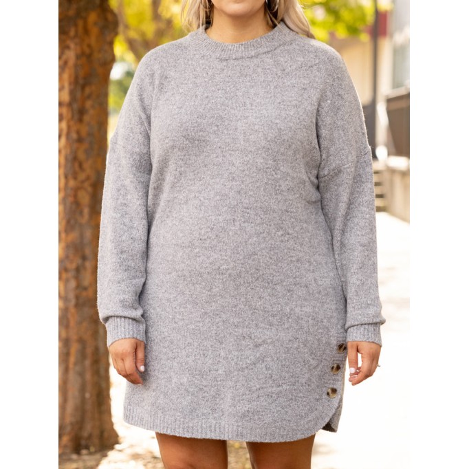 Grey button curved hem dress