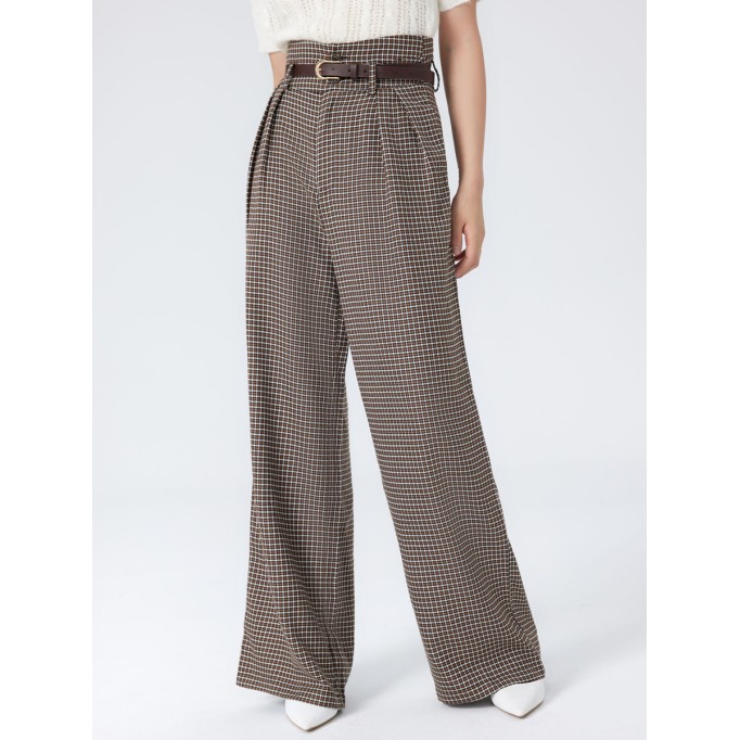 Houndstooth High Waist Belted Wide Leg Trousers