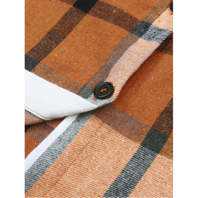 Khaki Plaid Pattern Collared Neck Ruffled Sleeve Shirt Dress