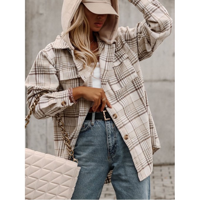 Khaki Plaid Removable Hood Buttoned Shacket