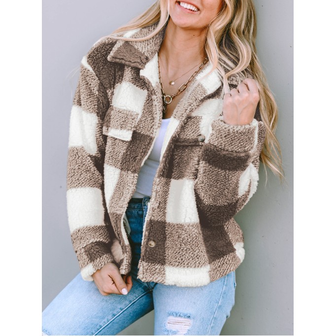 Khaki Plaid Sherpa Buttoned Flap Pocket Shacket