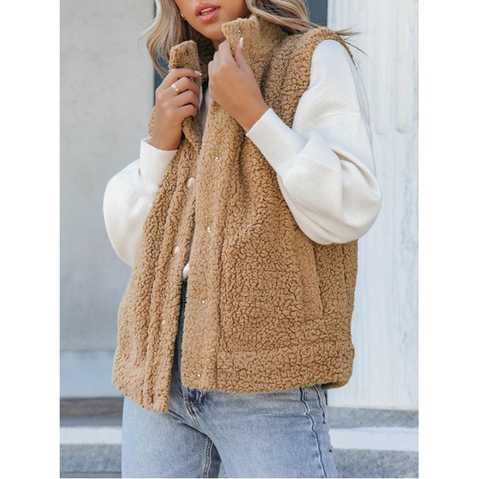 Khaki Snap Button Pocketed Sherpa Vest Jacket