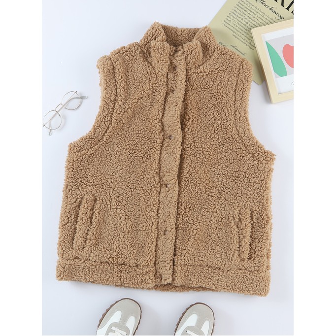 Khaki Snap Button Pocketed Sherpa Vest Jacket