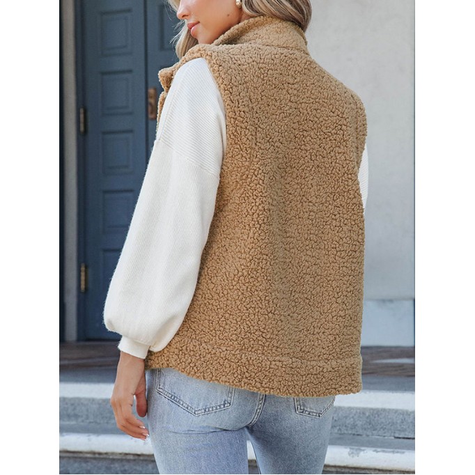 Khaki Snap Button Pocketed Sherpa Vest Jacket