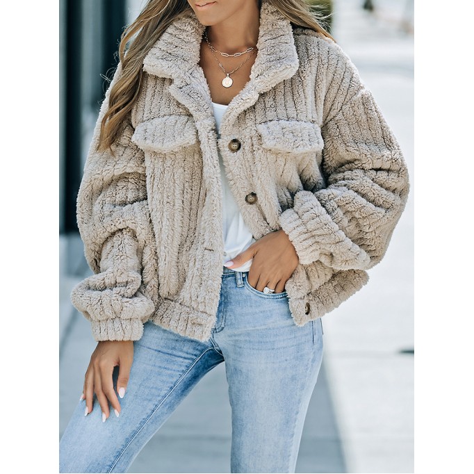 Khaki Solid Color Plush Fleece Button up Jacket