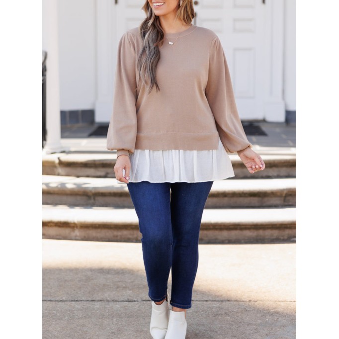 Knitted splicing white fabric lantern sleeve sweater