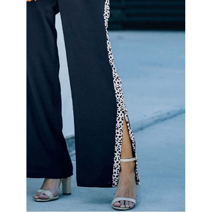 Lace up leopard pattern patchwork split casual jumpsuit