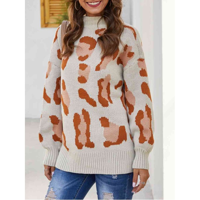 Leopard Mock Neck Dropped Shoulder Sweater