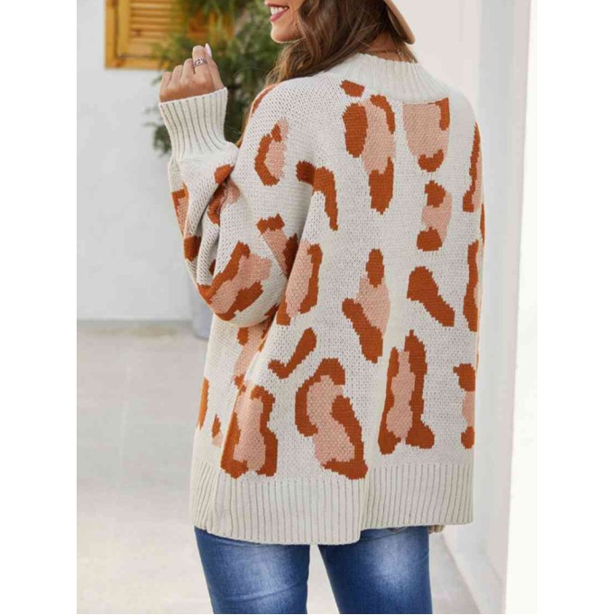 Leopard Mock Neck Dropped Shoulder Sweater