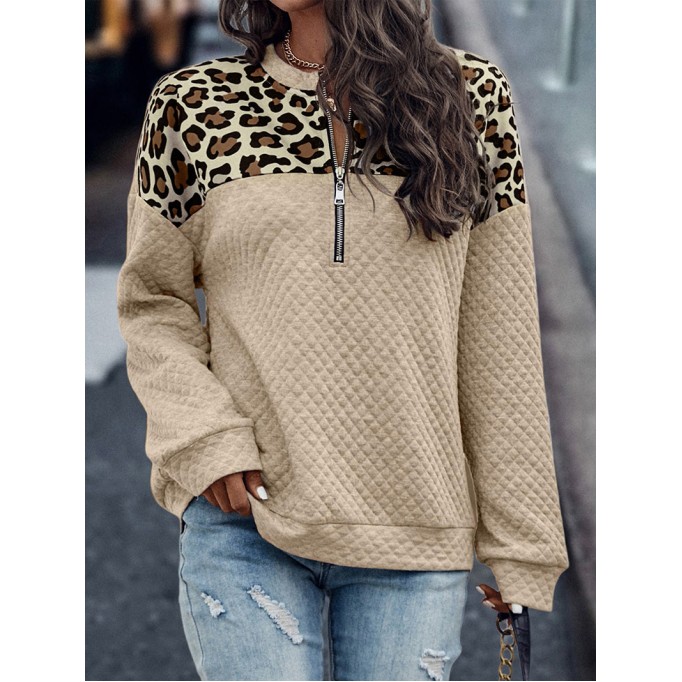 Leopard Splicing Drop Shoulder Zipped Sweatshirt